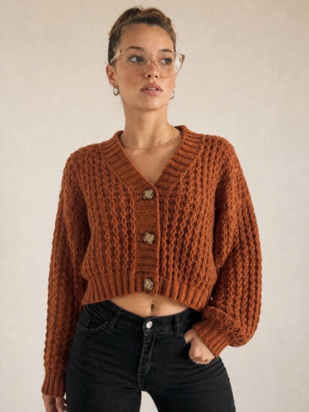 Rust Cropped Knit Cardigan Sweater - Women